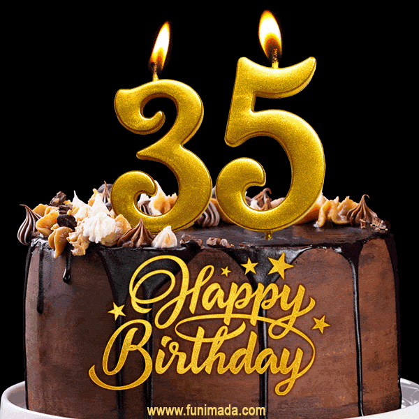 Narozeninové gif přáníčko k 35. narozeninám s čokoládovým dortem a s hořícími svíčkami ve tvaru čísla 35 a nápisem "Happy birthday". 