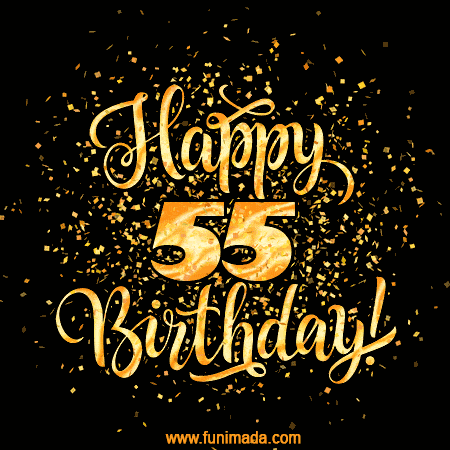 Gif přání k 55. narozeninám na černém pozadí s pohyblivými zlatými konfetami a nápisem "Happy 55 birhtday!". 