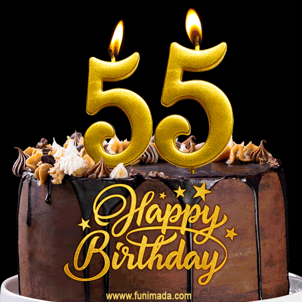 Čokoládový dort s hořícími svíčkami s pohyblivými ohýnky ve tvaru čísel 55 a s nápisem "Happy birthday". 