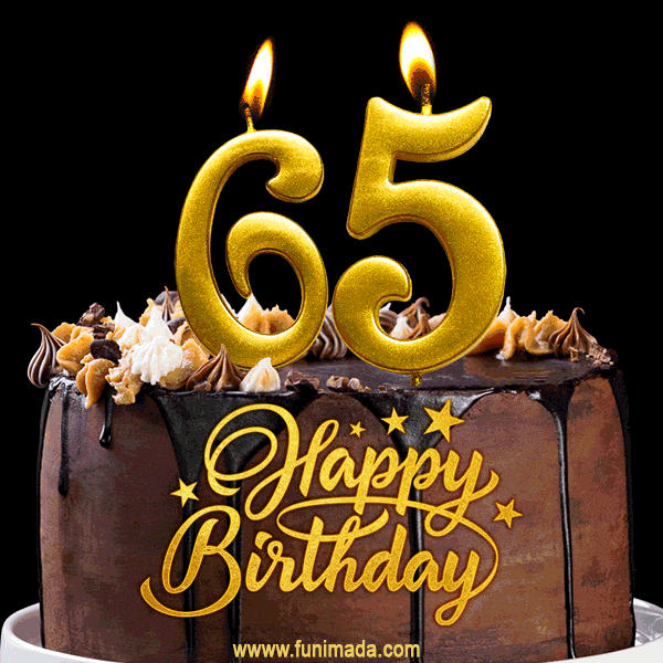 Čokoládový dort, zdobený zlatými hořícími svíčkami ve tvaru čísel 6 a 5 a nápisem "Happy birthday". 