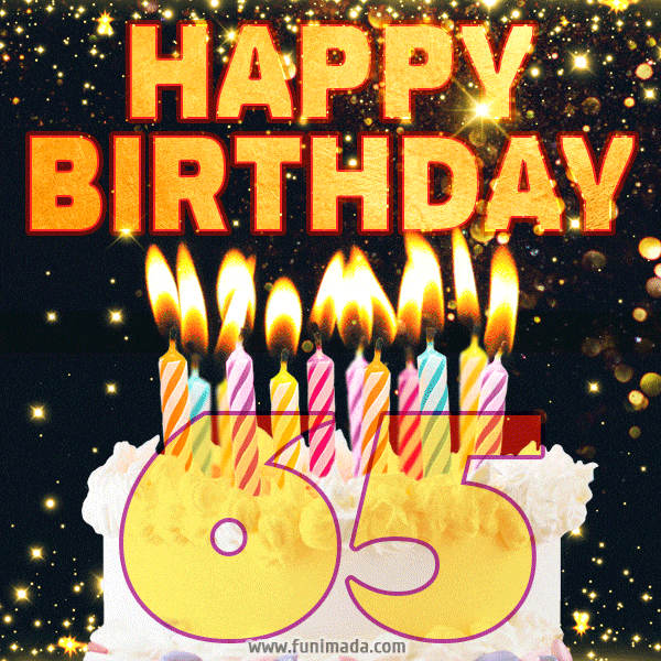Pohyblivý obrázek s narozeninovým dortem, zdobeným svíčkami s plápolajícími knoty a nápisem "Happy birthday 65". 