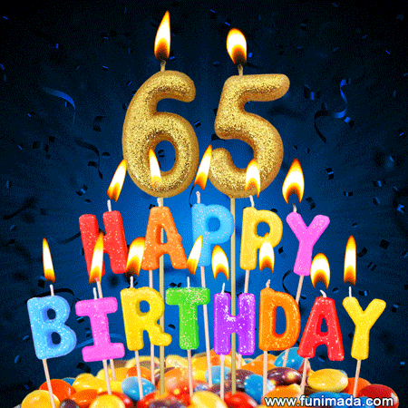 Gif s narozeninovým dortem z lentilek a barevnými svíčkami ve tvaru čísel 6 a 5 a písmen "Happy birthday" s pohybujícími se plamínky. 