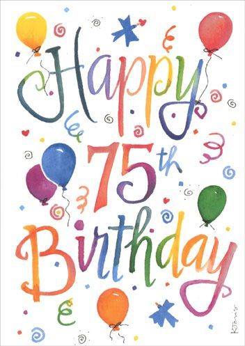 Barevná gratulace k 75. narozeninám s nápisem "Happy 75th birthday" a s balónky a konfetami na bílém pozadí.