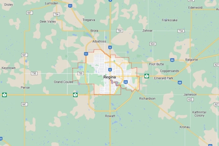 Mapa s městem Regina v Kanadě.
