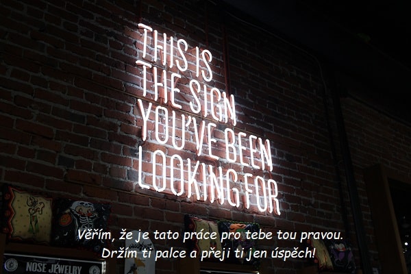 Led nápis na zdi v baru "This is the sign you´ve been looking for" s přáním úspěchu v nové práci. 