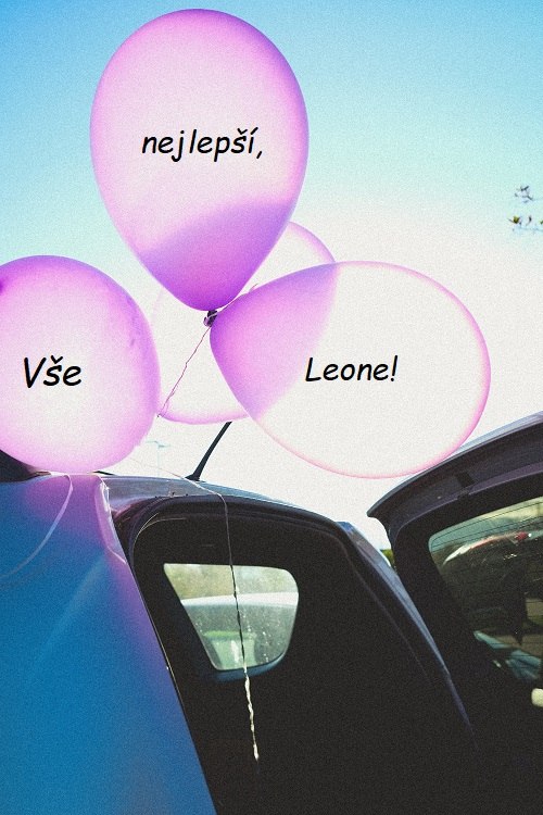Růžové nafukovací balónky, připevněné k modrému autu, s nápisem Vše nej, Leone!