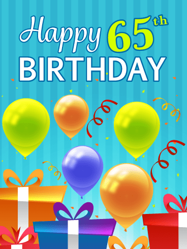 Kreslené barevné balónky, narozeninové dárky, konfety a nápis Happy 65th birthday na tyrkysovém pozadí.