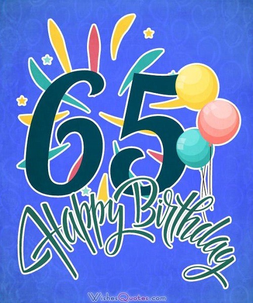 Nápis 65 Happy birthday s barevnými balónky na modrém pozadí. 