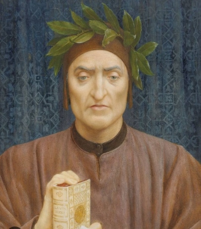 Barevný portrét Dante Alighieriho držícího knihu.