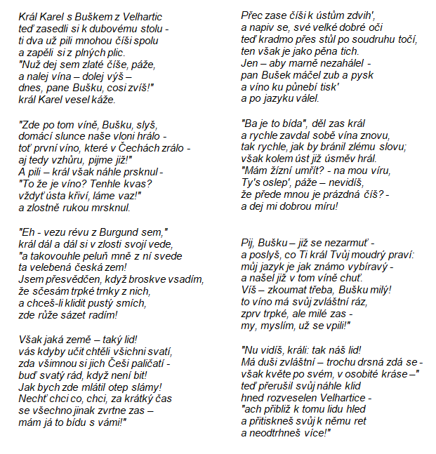 Báseň Král Karel s Buškem z Velhartic od Jana Nerudy