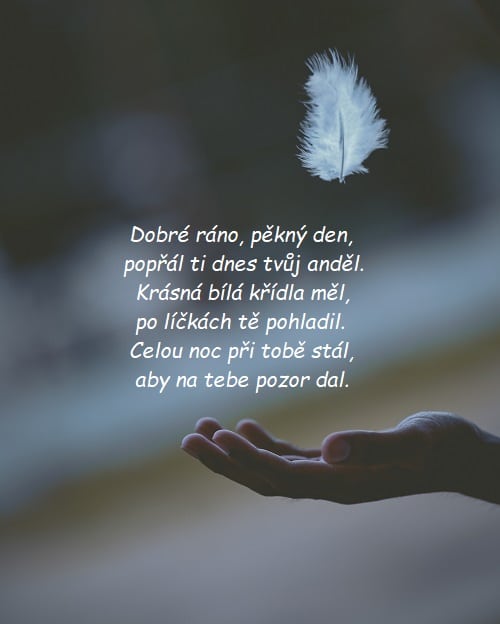 Otevřená dlaň chytající bílé letící peříčko s andělským citátem.