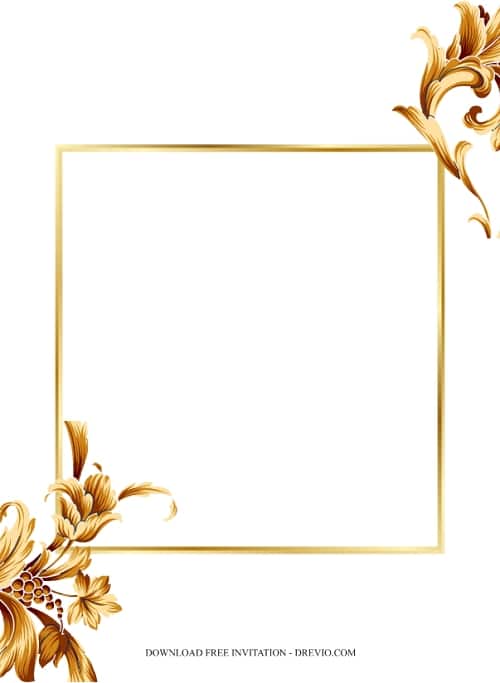 Nevyplněná bílá kartička zdobená zlatým rámem a zlatými květy.