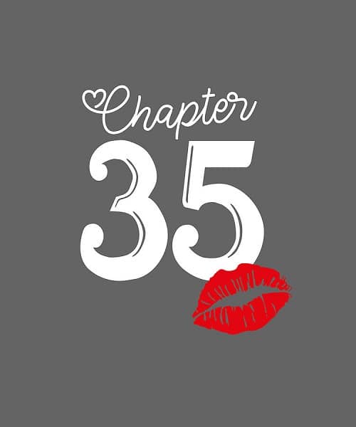 Přání k 35. narozeninám s nápisem "Chapter 35" zdobeným kresleným otiskem červených rtů. 