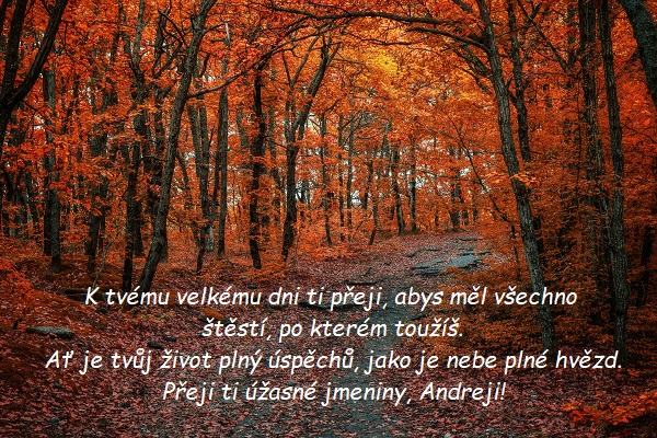 Cestička v listnatém lese s oranžovými podzimními listy a s blahopřáním ke jmeninám pro Andreje. 