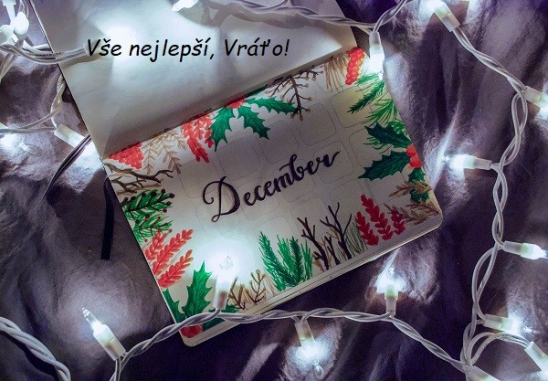 Bloček s vánočními kresbami, slovem "December" a přáním všeho nejlepšího Vráťovi. 