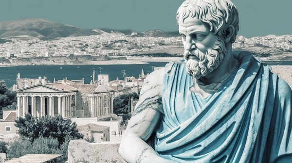 Busta Aristotela na pozadí fotografie řeckého města