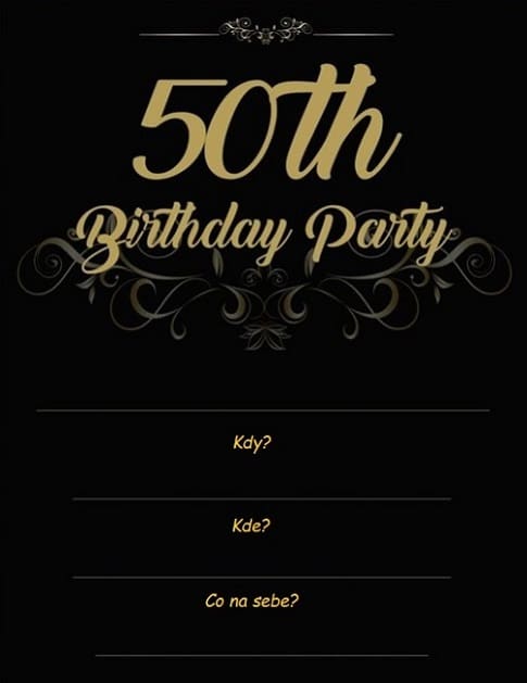 Černá pozvánka na oslavu narozenin se zlatým nápisem "50th birthday party". 