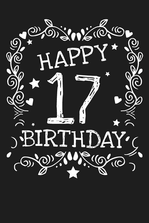 Černé přání k 17. narozeninám s bílým nápisem "Happy 17 birthday".