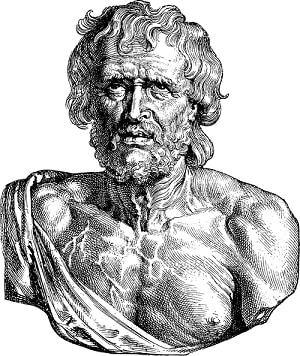 Černobílá kresba portrétu Senecy. 