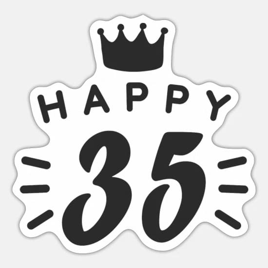 Černý nápis "Happy 35" zdobený korunkou na bílém pozadí. 