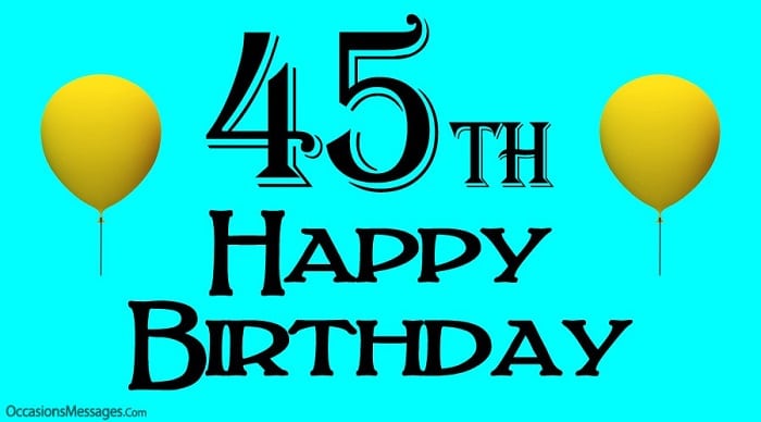 Přání k 45. narozeninám s černým anglickým nápisem "45th happy birthday" a dvěma žlutými balónky na tyrkysovém pozadí.