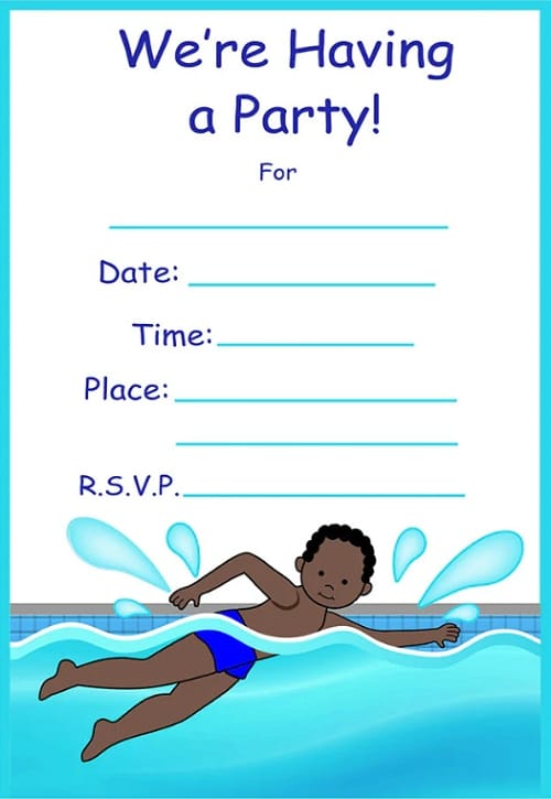 Pozvánka na klučičí oslavu s kresleným chlapcem plavajícím v bazénu a nevyplněnými řádky pro vlastní zvací text.