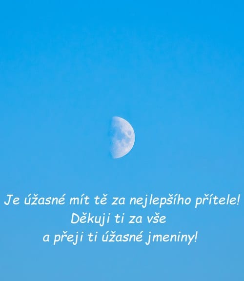 Ustupující měsíc na modré obloze s přáním ke jmeninám pro Imricha.