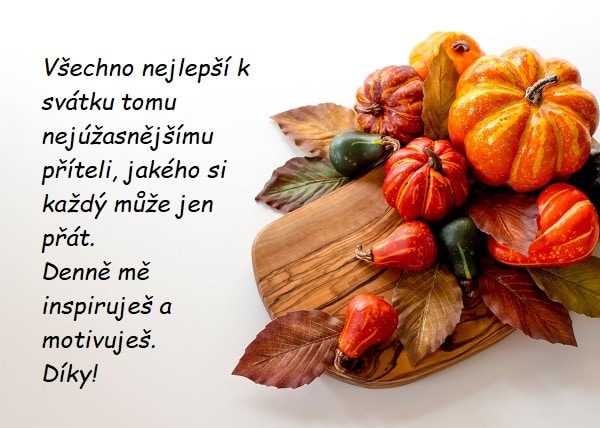 Sváteční gratulace pro Hanuše na bílém pozadí s tácem plným podzimní zeleniny. 