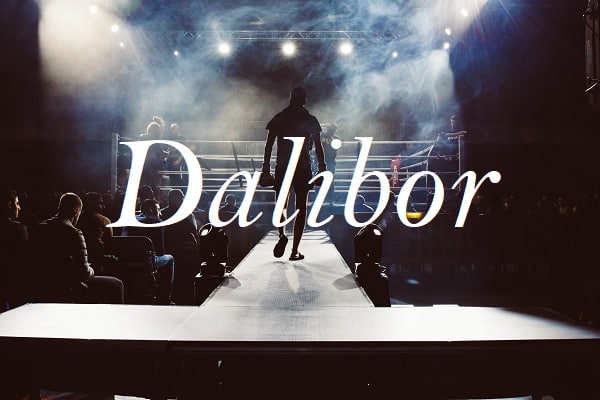 Jméno Dalibor na pozadí siluety boxera jdoucího do ringu.