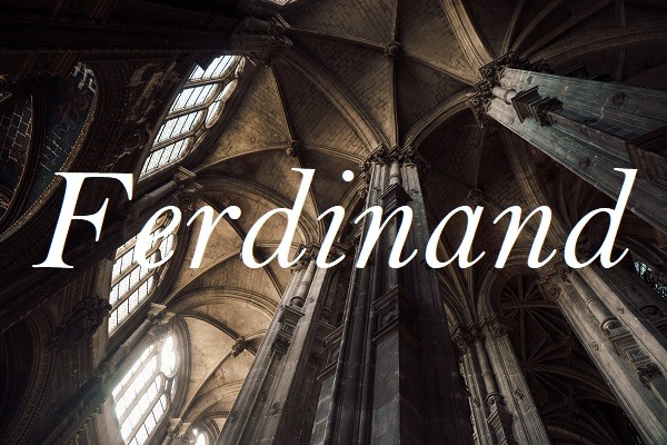 Jméno Ferdinand na pozadí fotografie stropu katedrály.