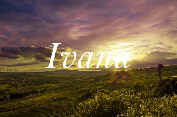 Jméno Ivana na pozadí fotografie vinice při západu slunce.