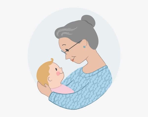 Kreslený obrázek babičky držící v náručí malé miminko.
