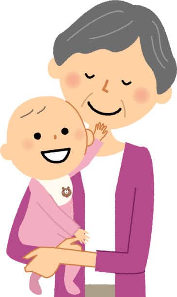 Kreslený obrázek s babičkou v růžovém svetru, držící v náručí smějící se malé miminko. 