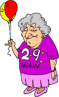 Kreslená usmívající se babička ve fialovém tričku s nápisem "29 again", držící barevné nafukovací balónky.