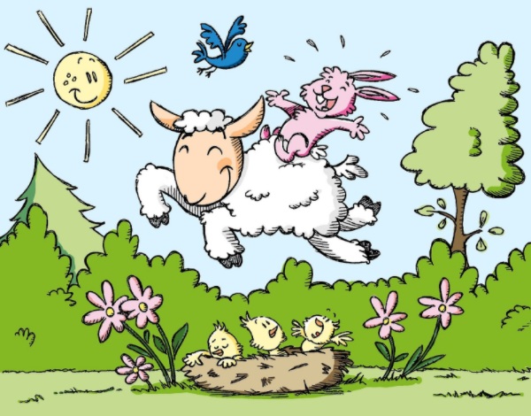 Kreslené vtipné velikonoční přání s ovečkou, na které sedí růžový zajíc, přeskakující kuřátka v lese.