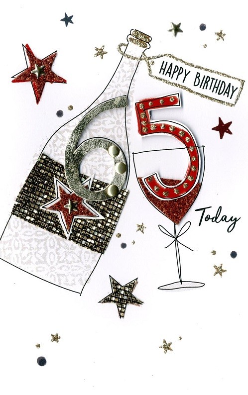 Kreslená láhev vína se sklenkou na víno a nápisem 65 happy birthday.