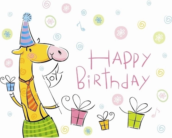 Kreslené přáníčko k narozeninám pro děti s žirafou s narozeninovou čepičkou a kravatou, s dárečky a nápisem "Happy birthday". 