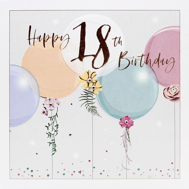 Kreslené přáníčko s barevnými balónky, zdobenými květinami s nápisem Happy 18th birthday.