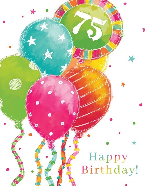 Kreslené barevné blahopřání k 75. narozeninám s balónky a nápisem "75 Happy Birthday". 