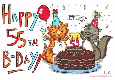 Kreslené přání k 55. narozeninám s dvěma zpívajícími a slavícími kočkami u narozeninového dortu s nápisem "Happy 55th b-day!".