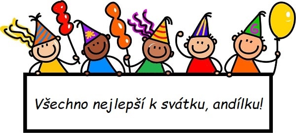 Kreslené přání k svátku dětem s barevnými dětmi s narozeninovými čepičkami a balónky.