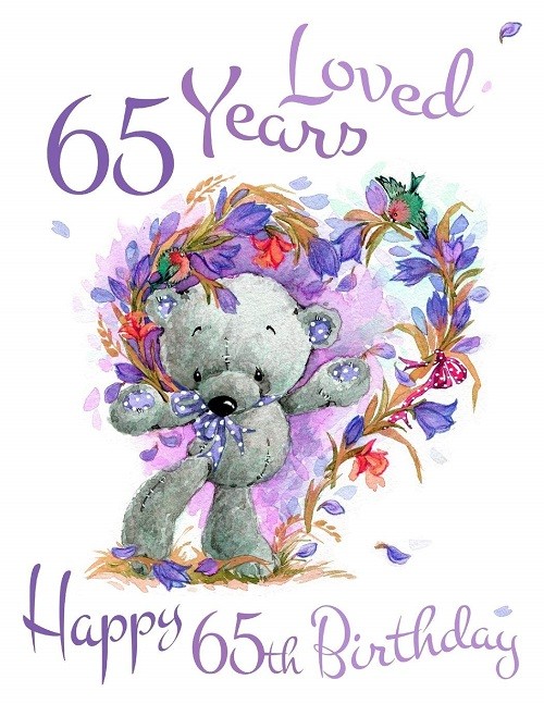 Kreslené přání k 65. narozeninám s šedým medvídkem a anglickým nápisem happy 65th birthday.