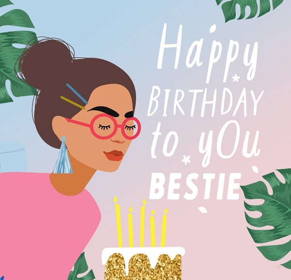 Kreslené přání k narozeninám pro kamarádku s ženou v brýlích, která fouká na dort se svíčkami a nápisem "Happy birthday to you bestie".