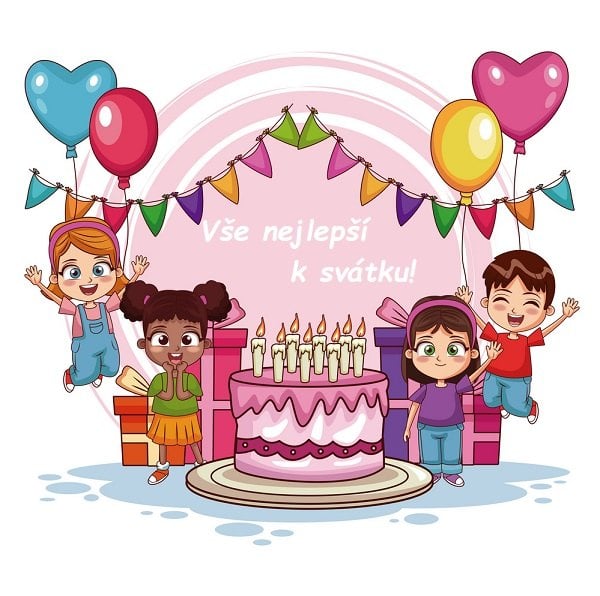 Kreslené slavící děti s balónky, narozeninovým dortem se svíčkami na růžovém pozadí s nápisem "Vše nejlepší k svátku!". 