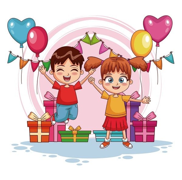 Kreslené radující se děti, chlapec a dívka, s dárky a balónky kolem na růžovém pozadí.