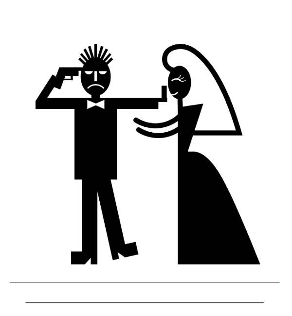 Černé kreslené siluety ženicha, mířícího si pistolí na hlavu, a usmívající se nevěsty s nevyplněnými řádky pro vlastní text.