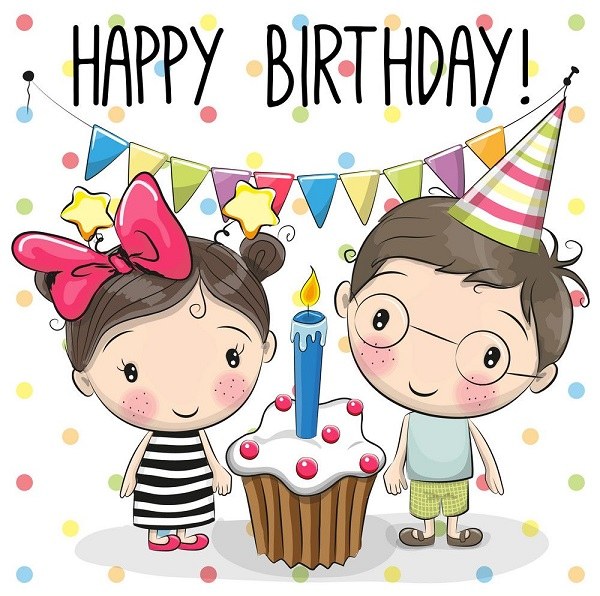 Kreslené přání k narozeninám pro děti s chlapečkem a holčičkou stojícími kolem narozeninového dortíku se svíčkou a nápisem "Happy birthday". 