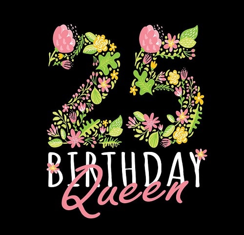 Přání k 25. narozeninám na černém pozadí s nápisem "25 birthday queen" vytvořeným z kreslených květů. 