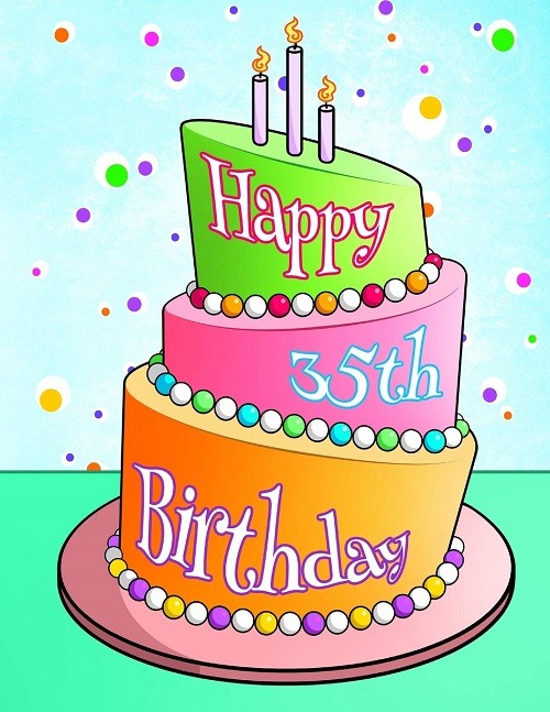 Kreslený barevný narozeninový dort se svíčkami a nápisem "Happy 35th birthday". 