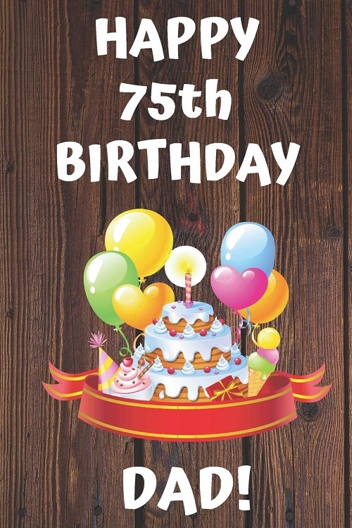 Animovaný narozeninový dort s balónky a nápisem "75th birthday DAD!" na dřevěném pozadí.